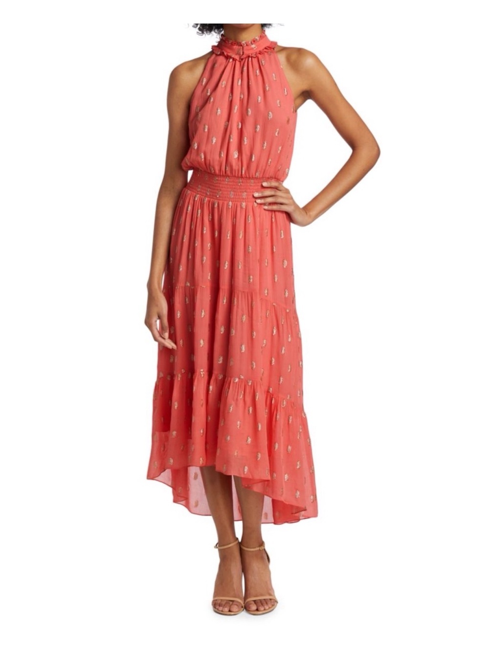 Shoshanna Coral Halter High-Low Tiered Maxi Dress with Gold Dots